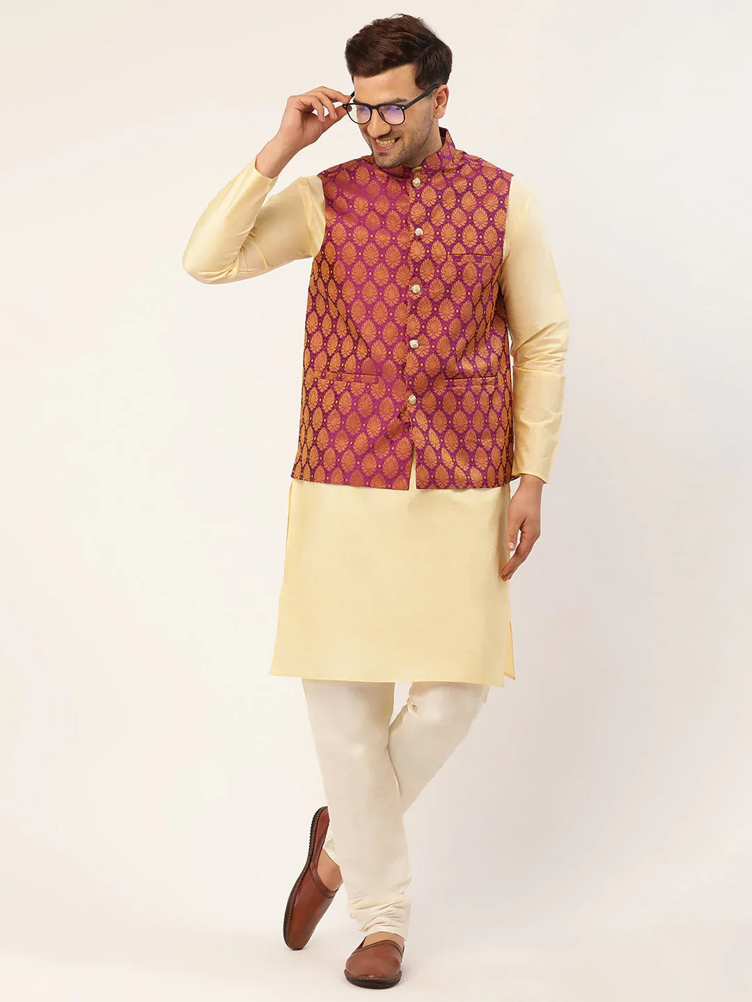 DesiQlo Men Waistcoat Nehru Jacket - Pink - JOWC_4026Pink_S