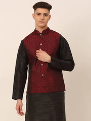 DesiQlo Men's Maroon Self-Designed Maroon Waistcoat ( JOWC 4027 Maroon )