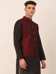 DesiQlo Men's Maroon Self-Designed Maroon Waistcoat ( JOWC 4027 Maroon )