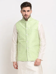 Men's Green Green and White Embroidered Nehru Jacket