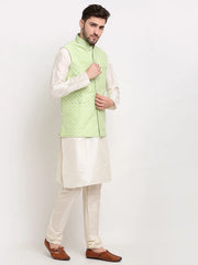 Men's Green Green and White Embroidered Nehru Jacket