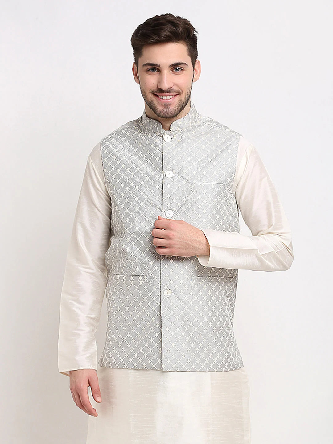 Grey Nehru Jacket for Men - Cotton Blend Ethnic Nehru Jackets