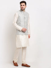 Men's Grey Grey and White Embroidered Nehru Jacket