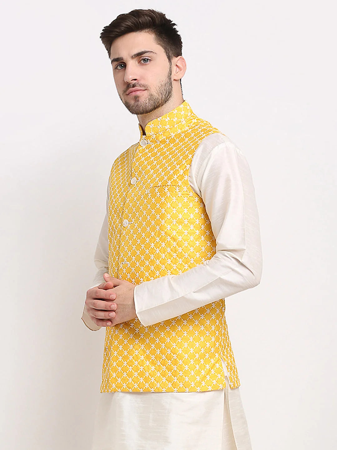 Men's Mustard Nehru Jacket: Cotton Ethnic Wear for Weddings
