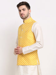 Men's Mustard Mustard and White Embroidered Nehru Jacket