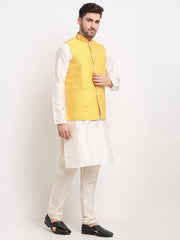 Men's Mustard Mustard and White Embroidered Nehru Jacket