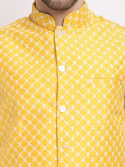 Men's Mustard Mustard and White Embroidered Nehru Jacket