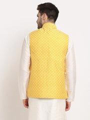 Men's Mustard Mustard and White Embroidered Nehru Jacket