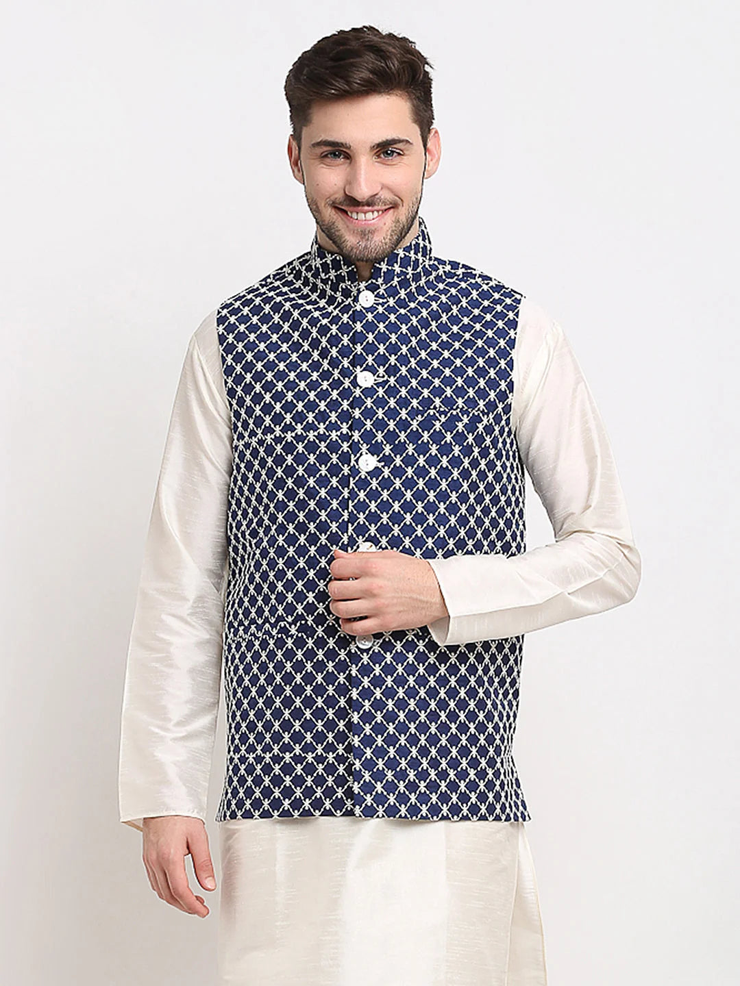 Navy Blue Embroidered Nehru Jacket | Men's Ethnic Wear