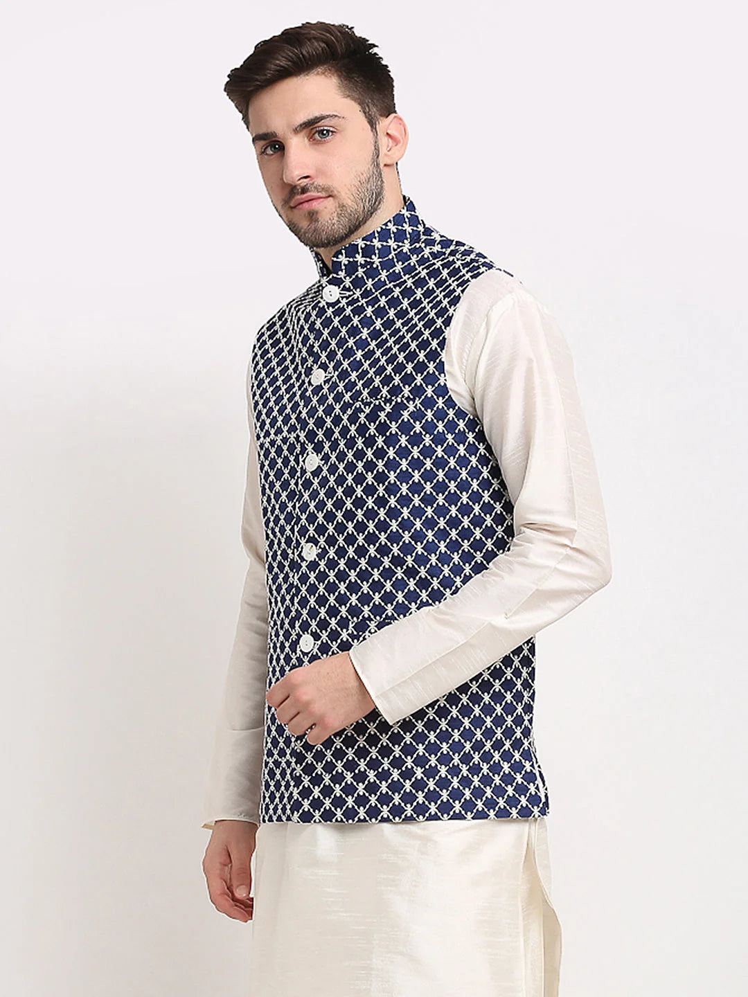 Navy Blue Embroidered Nehru Jacket | Men's Ethnic Wear