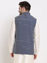 Men's Navy Blue Navy Blue and White Embroidered Nehru Jacket