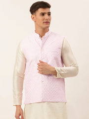 DesiQlo Men's Pink Pink and White Embroidered Nehru Jacket ( JOWC 4029 Pink )