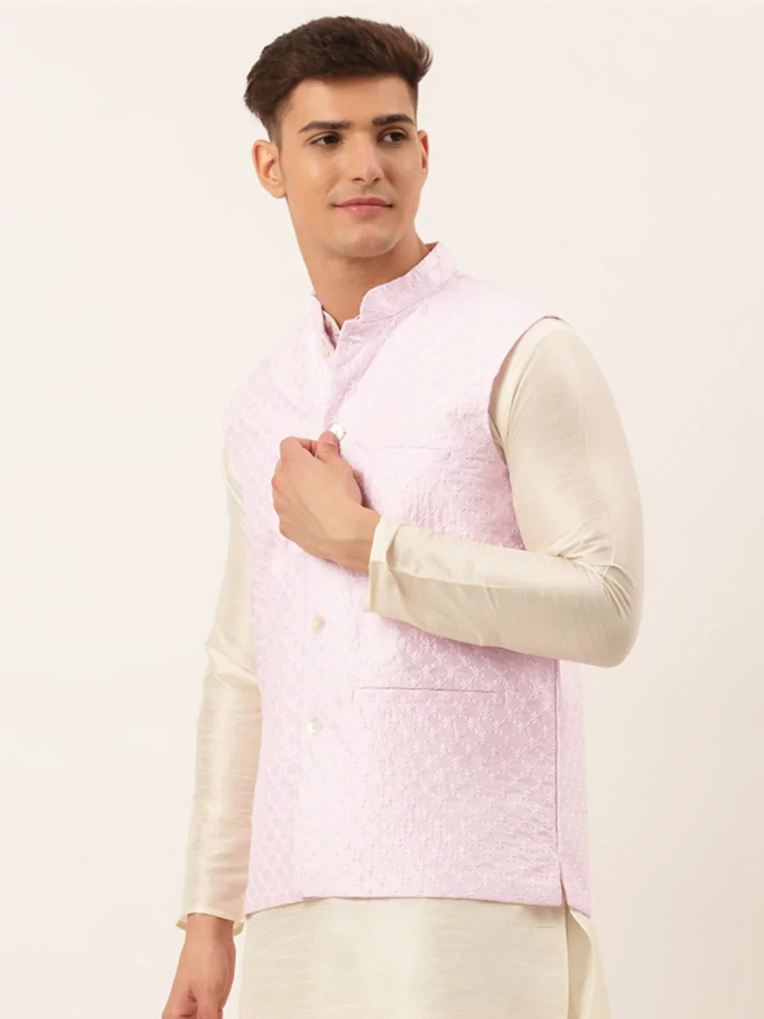 DesiQlo Men Waistcoat Nehru Jacket - Pink - JOWC_4029Pink_S