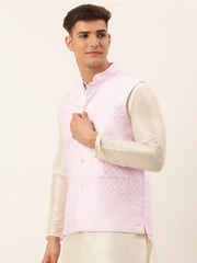 DesiQlo Men's Pink Pink and White Embroidered Nehru Jacket ( JOWC 4029 Pink )