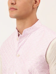 DesiQlo Men's Pink Pink and White Embroidered Nehru Jacket ( JOWC 4029 Pink )