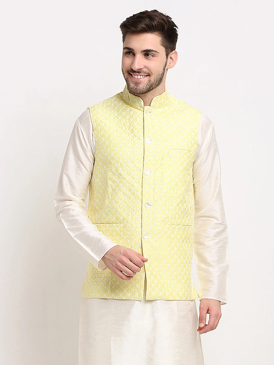 Yellow Embroidered Nehru Jacket | Men's Indian Nehru Jackets