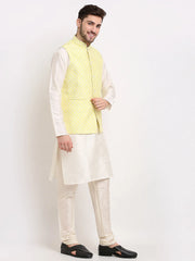 Men's Yellow Yellow and White Embroidered Nehru Jacket