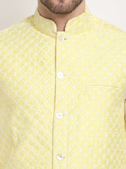 Men's Yellow Yellow and White Embroidered Nehru Jacket
