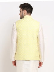 Men's Yellow Yellow and White Embroidered Nehru Jacket