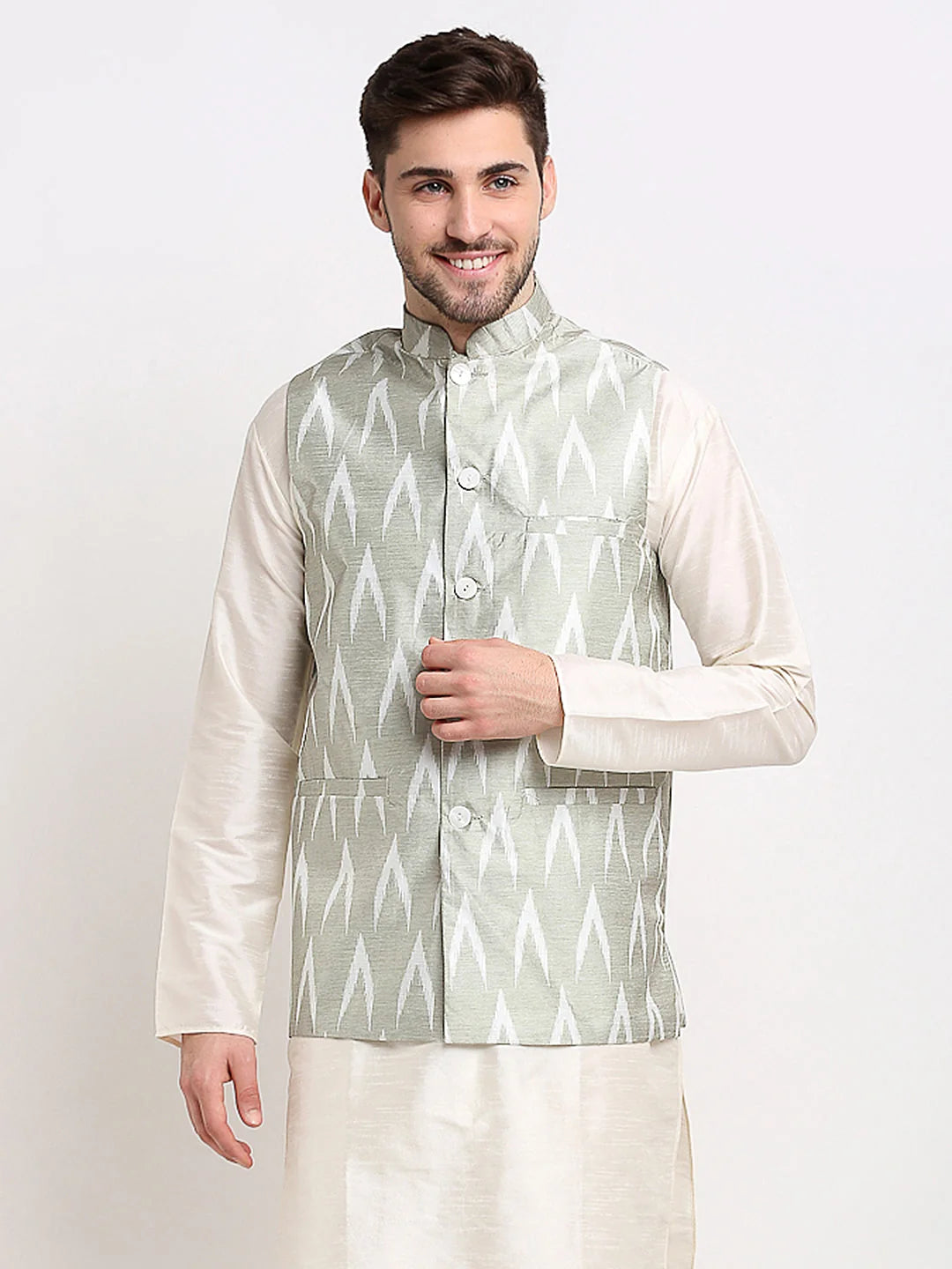 Grey Ikat Printed Nehru Jacket for Men | Ethnic Nehru Jackets
