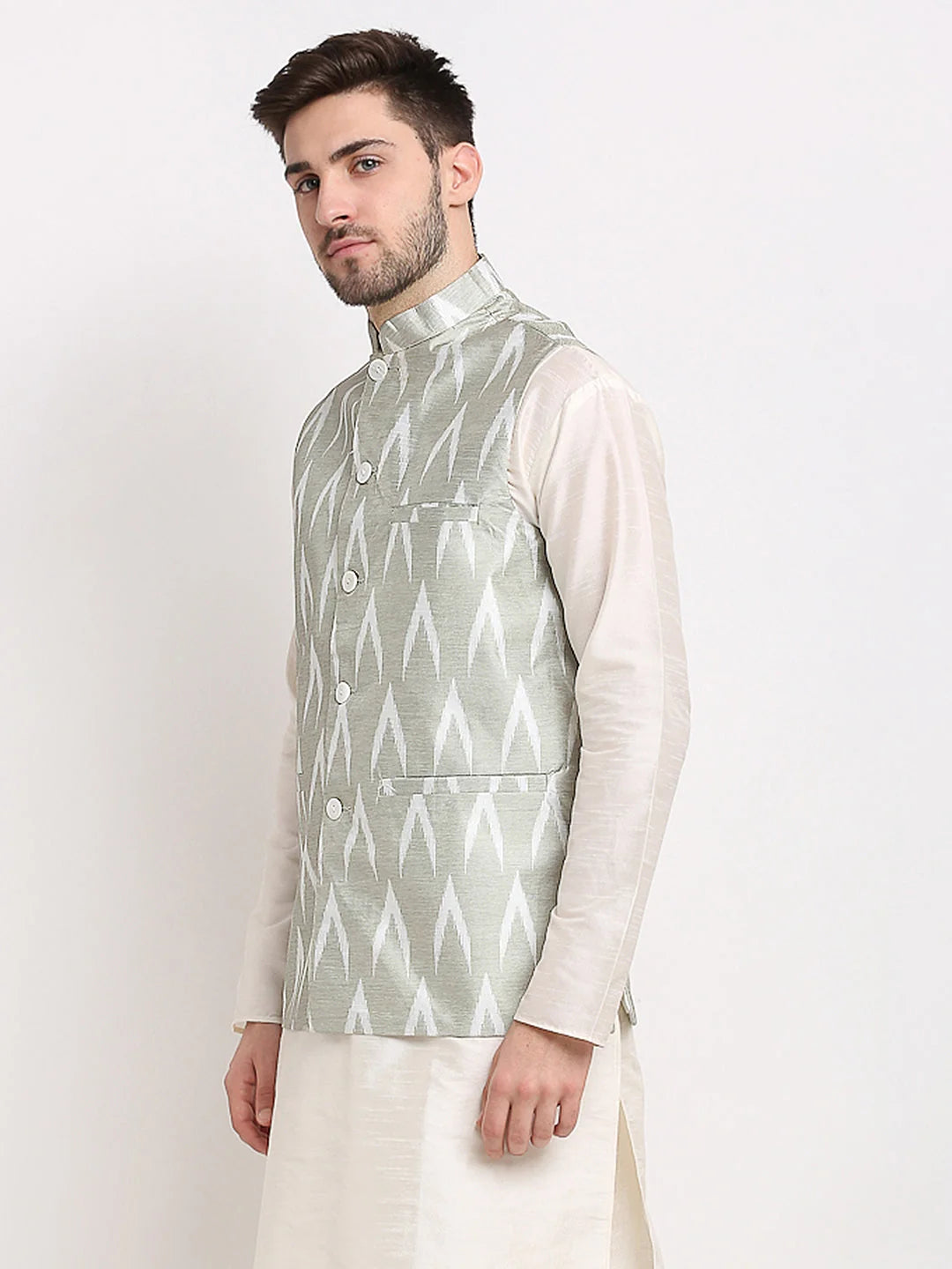 Grey Ikat Printed Nehru Jacket for Men | Ethnic Nehru Jackets