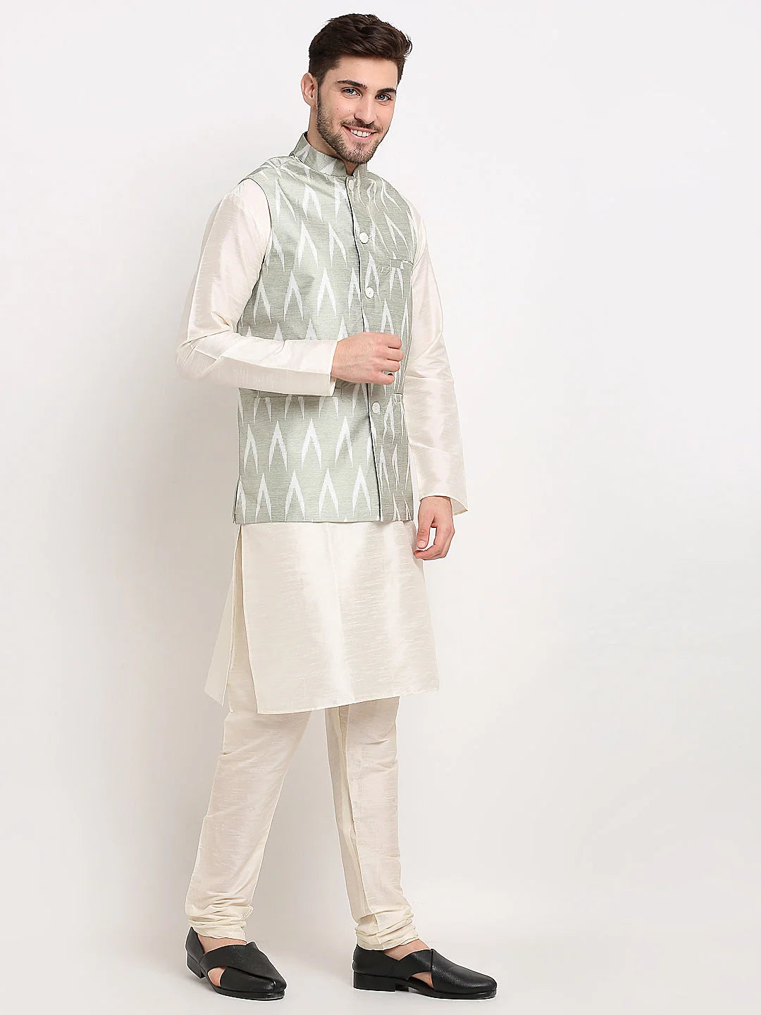 Grey Ikat Printed Nehru Jacket for Men | Ethnic Nehru Jackets