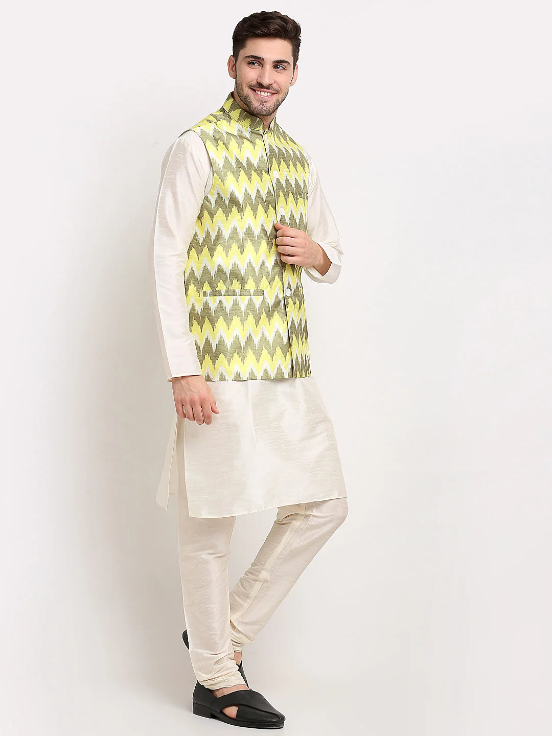 Men's Olive Ikat Printed Nehru Jacket | Indian Ethnic Wear