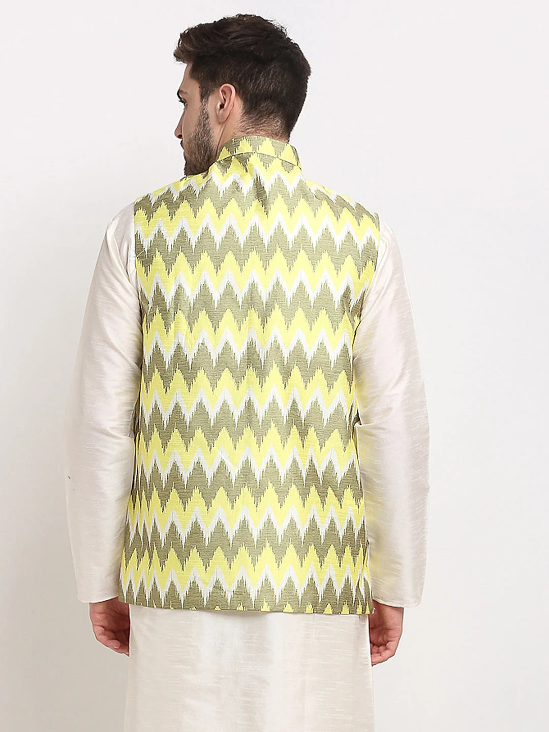 Men's Olive Ikat Printed Nehru Jacket | Indian Ethnic Wear