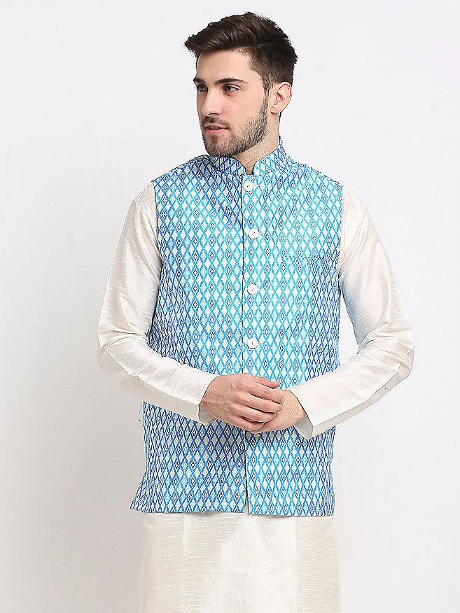 Blue Ikat Printed Nehru Jacket | Men's Ethnic Nehru Jackets