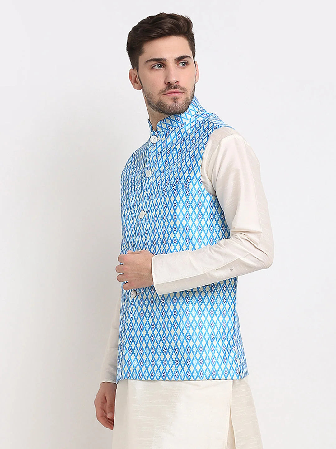 Blue Ikat Printed Nehru Jacket | Men's Ethnic Nehru Jackets