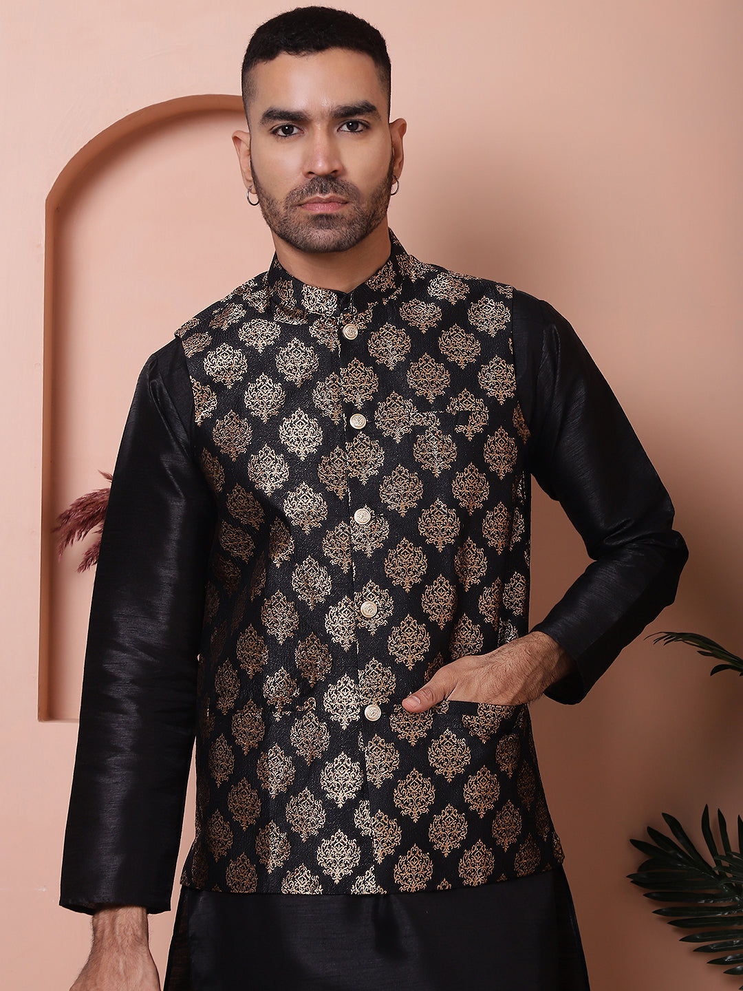 Black Floral Printed Nehru Jacket for Men - Indian Nehru Jackets