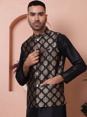 Floral Printed Nehru Jacket for Men-JOWC-4032Black