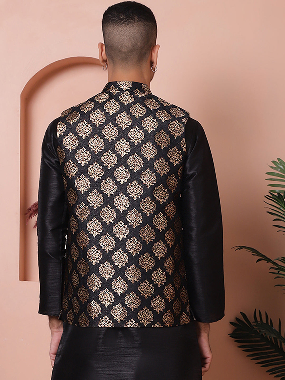 Black Floral Printed Nehru Jacket for Men - Indian Nehru Jackets