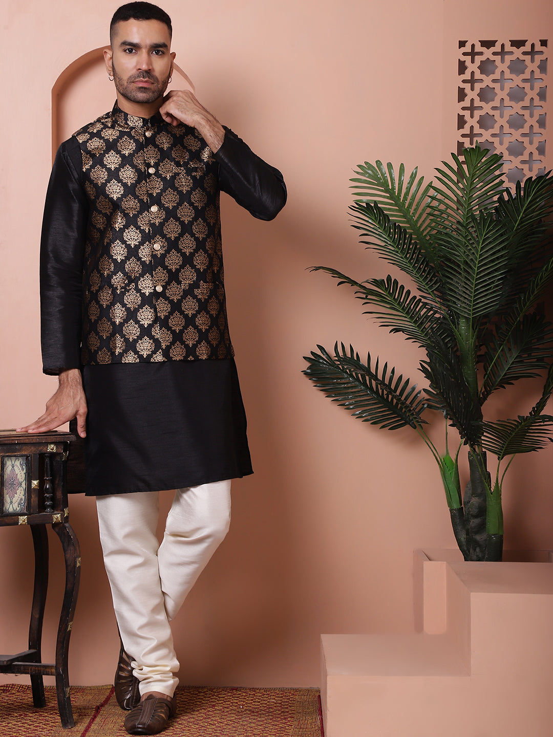 Black Floral Printed Nehru Jacket for Men - Indian Nehru Jackets