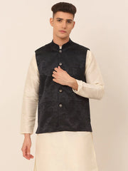 Men's Navy & Black embossed Nehru Jacket ( JOWC 4034 Navy )
