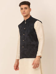 Men's Navy & Black embossed Nehru Jacket ( JOWC 4034 Navy )
