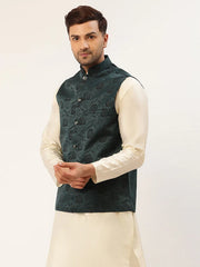 Men's Teal & Black embossed Nehru Jacket( JOWC 4034 Teal )