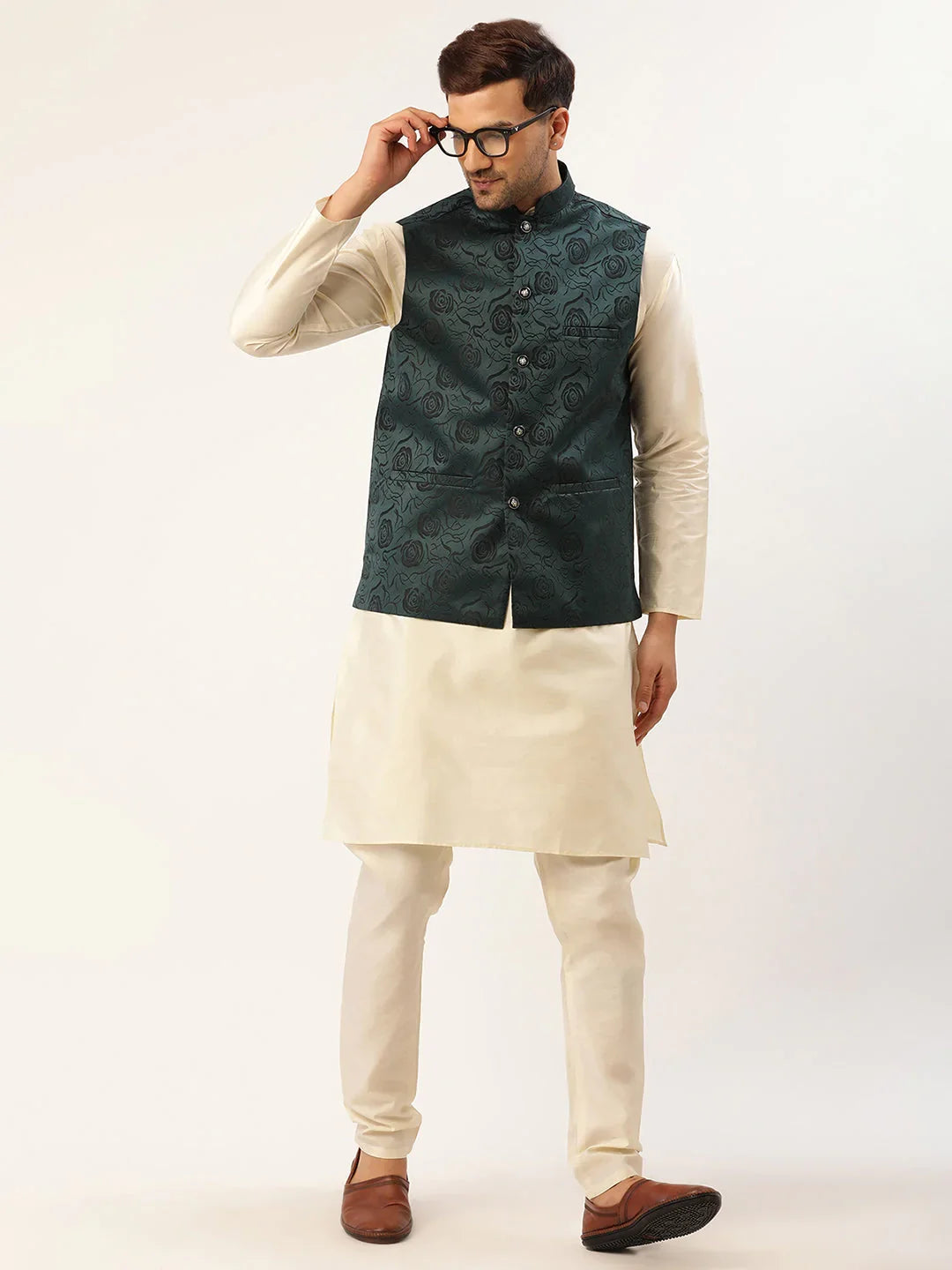 DesiQlo Men Waistcoat Nehru Jacket - Green - JOWC_4034Teal_S