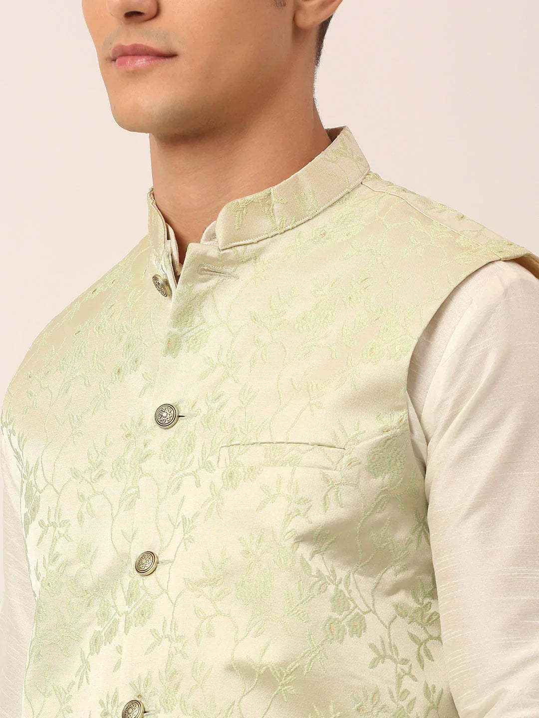 DesiQlo Men Waistcoat Nehru Jacket - Green - JOWC_4035Pista_S