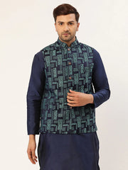 Men's Blue Woven Design Nehru Jacket( JOWC 4037 Blue )