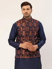 Men's Bronze & Navy Blue embossed Nehru Jacket( JOWC 4037 Bronze )