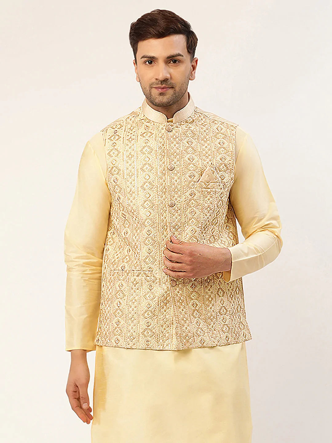 DesiQlo Men Waistcoat Nehru Jacket - Beige - JOWC_4038Cream_S