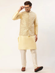 Men Cream & Gold Embroidered Woven Nehru Jacket( JOWC 4038 Cream )