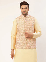 Men Pink & Gold Embroidered Woven Nehru Jacket( JOWC 4038 Pink )