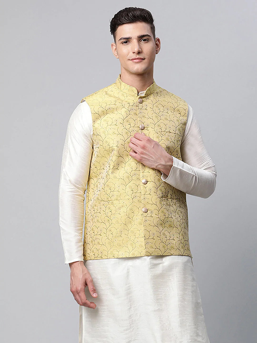 Men's Lemon Printed textured Nehru Jacket( JOWC 4039 Lemon )