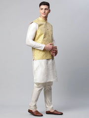 Men's Lemon Printed textured Nehru Jacket( JOWC 4039 Lemon )