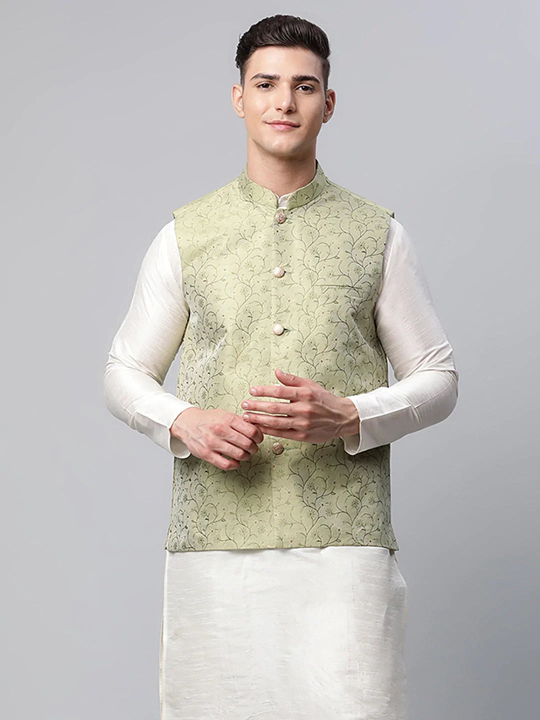DesiQlo Men Waistcoat Nehru Jacket - Green - JOWC_4039Pista_S