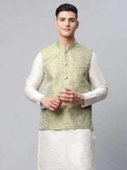 Men's Pista Green Printed textured Nehru Jacket( JOWC 4039 Pista )