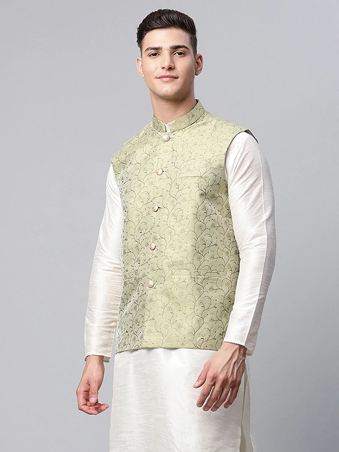 DesiQlo Men Waistcoat Nehru Jacket - Green - JOWC_4039Pista_S