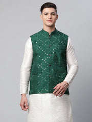 Men's Green Mirror Work Embroidered Nehru Jacket( JOWC 4040 Green )